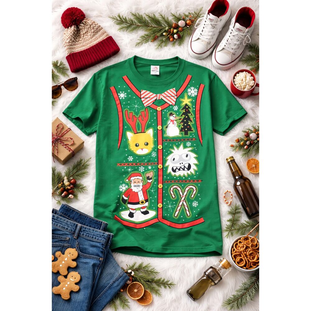 Dec.25th Men’s Ugly Christmas T-Shirt Green Crewneck Short Sleeve Size Small